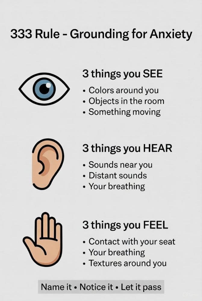 Minimalist infographic circle showing:Eye icon = 3 things you seeEar icon = 3 things you hearHand icon = 3 things you feel three steps of the 333 grounding rule for anxiety