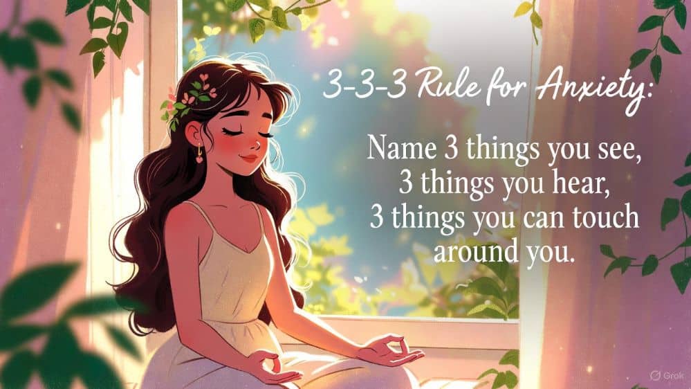 A young woman sitting calmly at her desk, looking around and identifying objects 333 rule grounding technique for anxiety