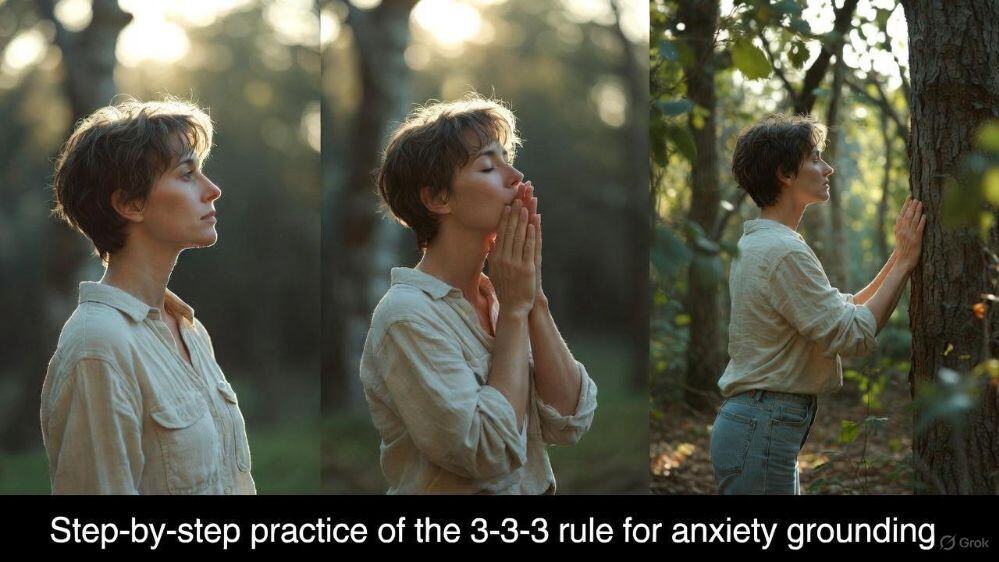 Steps for practice 333 Hands touching different textures as part of the 333 grounding technique.