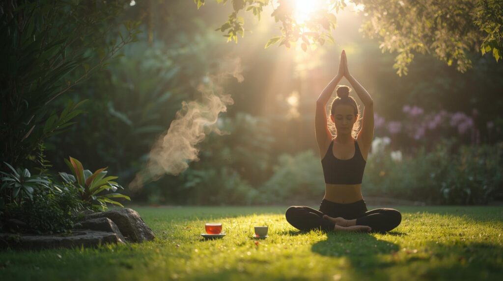 Calm morning routine for morning anxiety stretching, sunlight, and tea, peaceful mood